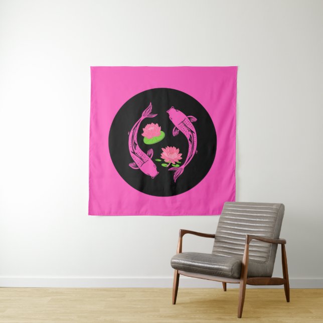 Minimalistic Fish Koi Swirl With Water Lillies Tapestry (In Situ)