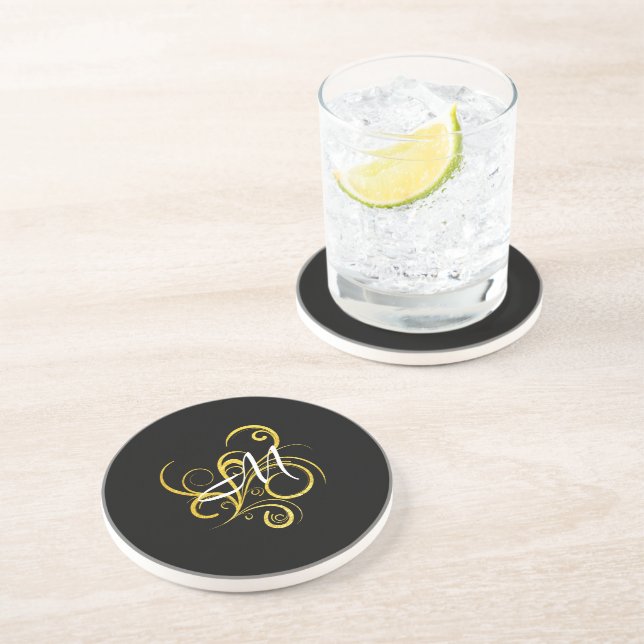 Minimalistic Gold Black Monogram Coaster (Side)