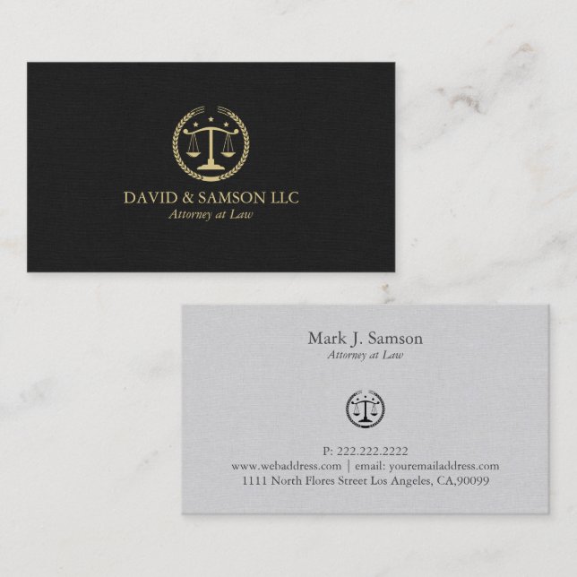 Minimalistic Gold Justice Logo, Black & Grey Linen Business Card (Front/Back)