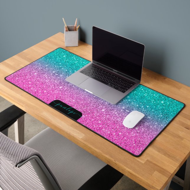 Minimalistic green and pink glitter gradient desk mat (Office 2)