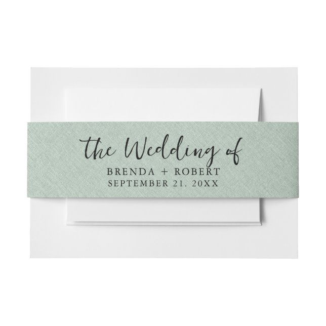 Minimalistic Green Linen Texture Black Script  Invitation Belly Band (Front Example)