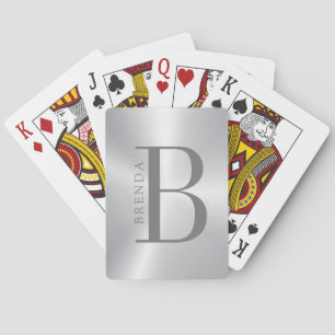 Minimalistic Grey Monogram and Name On Silver Playing Cards