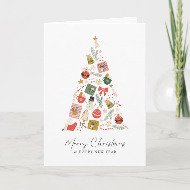 Minimalistic Merry Christmas & Happy New Year Tree Card (Front)