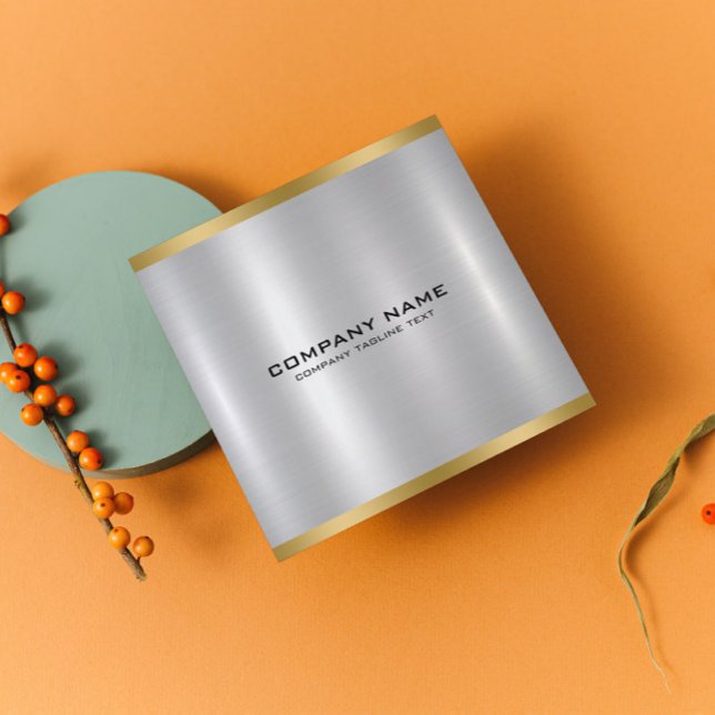 Minimalistic Metallic Silver Texture Gold Accent Square Business Card (Creator Uploaded)