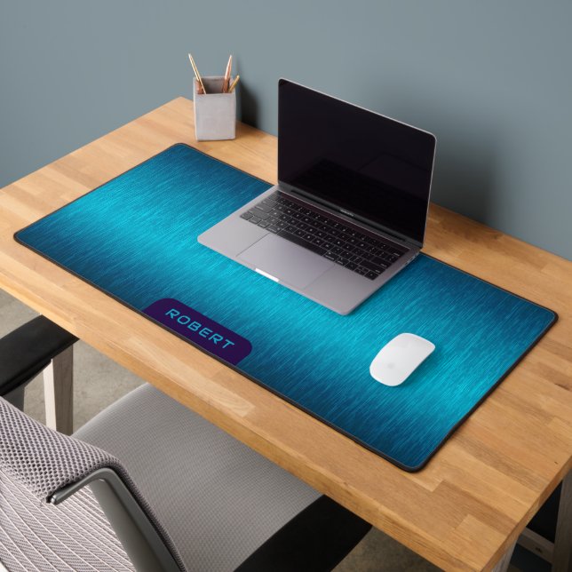 Minimalistic metallic turquoise brushed aluminum desk mat (Office 2)