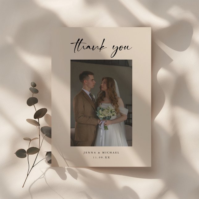 Minimalistic Modern Beige Script Wedding Photo Thank You Card (Creator Uploaded)