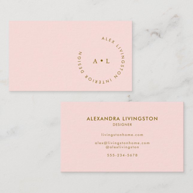 Minimalistic Modern Chic Pink Gold Circle Monogram Business Card (Front/Back)