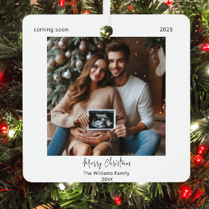 Minimalistic Modern Couple's Baby News Photo Metal Ornament