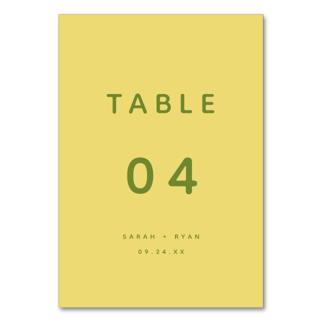 Minimalistic Modern Lemon Yellow Custom Wedding Table Number (Front)