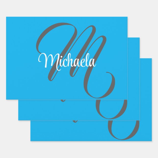 Minimalistic modern monogram initial name blue wrapping paper sheet (Set)