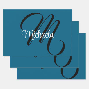 Minimalistic modern monogram initial name blue wrapping paper sheet