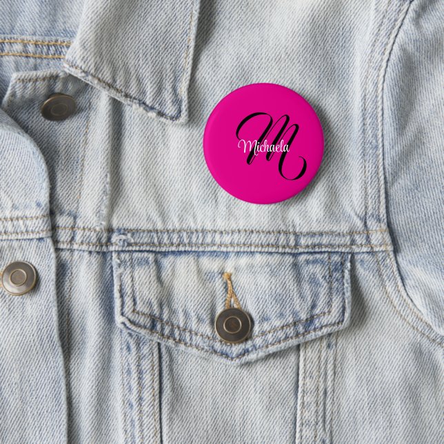 Minimalistic modern monogram initial name hot pink 2 inch round button (In Situ)