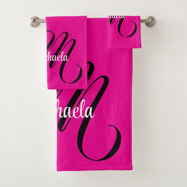 Minimalistic modern monogram initial name hot pink bath towel set (Insitu)