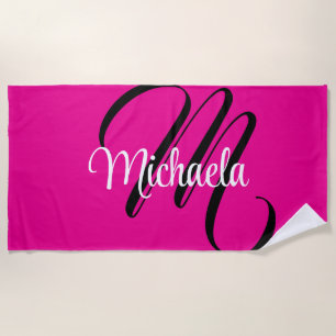Minimalistic modern monogram initial name hot pink beach towel