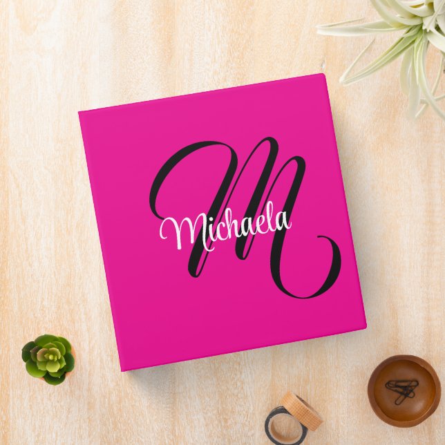 Minimalistic modern monogram initial name hot pink binder (In Situ)