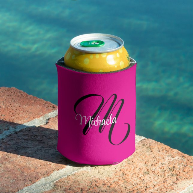 Minimalistic modern monogram initial name hot pink can cooler (In Situ Pool)