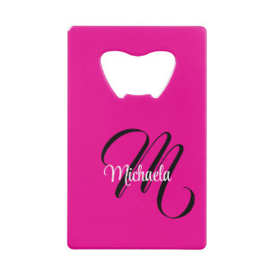 Minimalistic modern monogram initial name hot pink credit card bottle opener