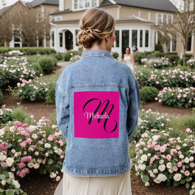 Minimalistic modern monogram initial name hot pink denim jacket (Wedding Back)