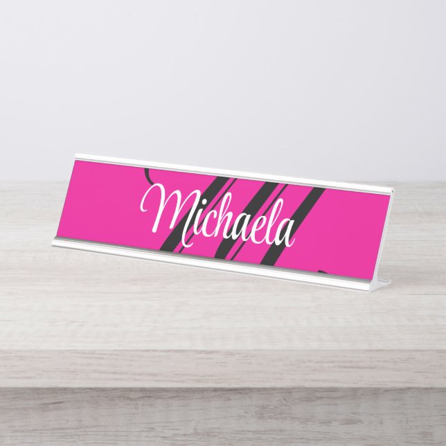 Minimalistic modern monogram initial name hot pink desk name plate (Front)