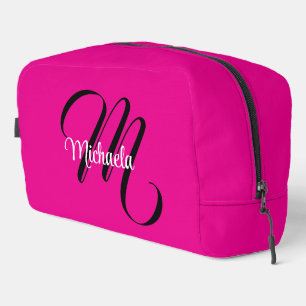 Minimalistic modern monogram initial name hot pink dopp kit