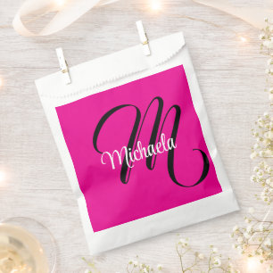 Minimalistic modern monogram initial name hot pink favour bag