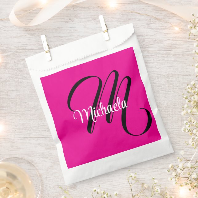 Minimalistic modern monogram initial name hot pink favour bag (Clipped)