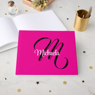 Minimalistic modern monogram initial name hot pink guest book
