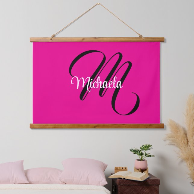 Minimalistic modern monogram initial name hot pink hanging tapestry (Bedroom)