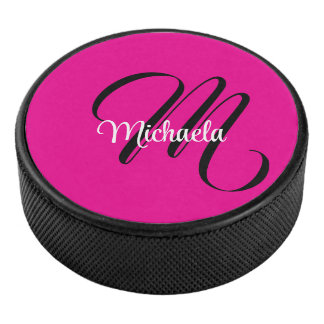 Minimalistic modern monogram initial name hot pink hockey puck