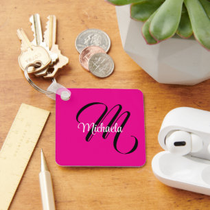 Minimalistic modern monogram initial name hot pink keychain