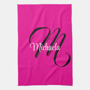 Minimalistic modern monogram initial name hot pink kitchen towel