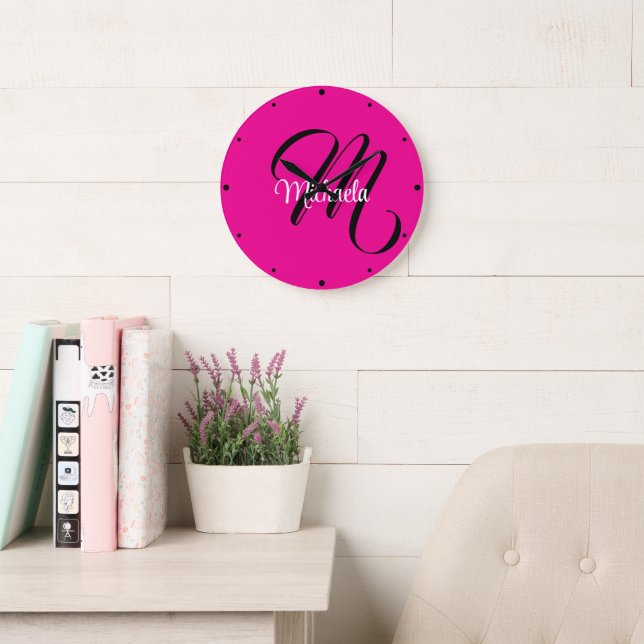 Minimalistic modern monogram initial name hot pink large clock (Reading Room)