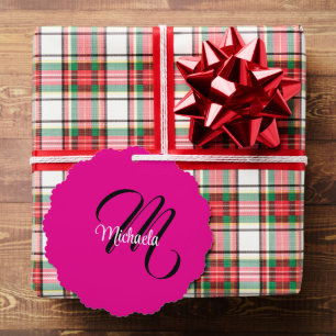 Minimalistic modern monogram initial name hot pink ornament card