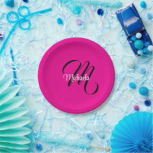 Minimalistic modern monogram initial name hot pink paper plate