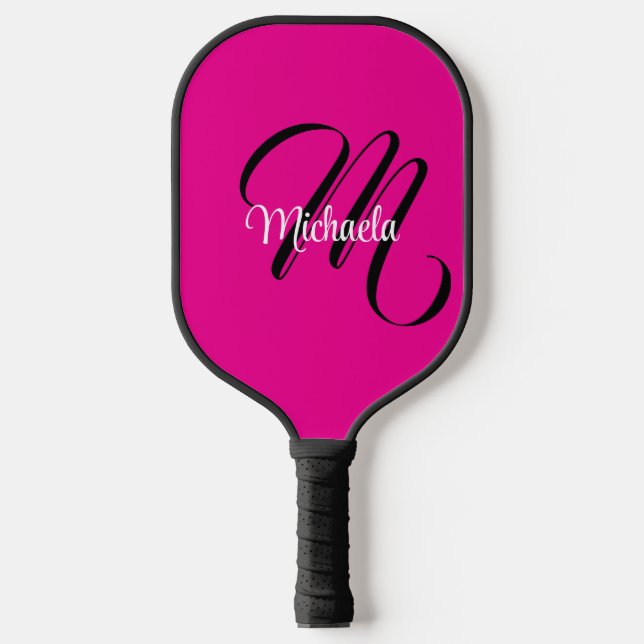 Minimalistic modern monogram initial name hot pink pickleball paddle (Front)