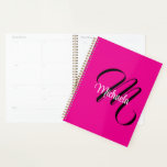 Minimalistic modern monogram initial name hot pink planner<br><div class="desc">Minimalistic modern monogram initial name black white. Personalizable custom name with a cursive initial behind on a hot pink colour.</div>