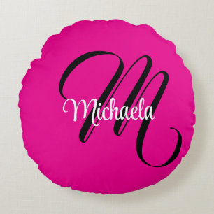 Minimalistic modern monogram initial name hot pink round pillow