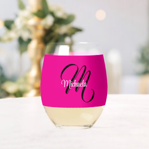 Minimalistic modern monogram initial name hot pink stemless wine glass