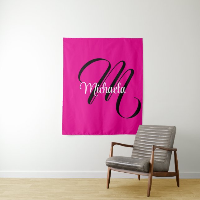 Minimalistic modern monogram initial name hot pink tapestry (In Situ)