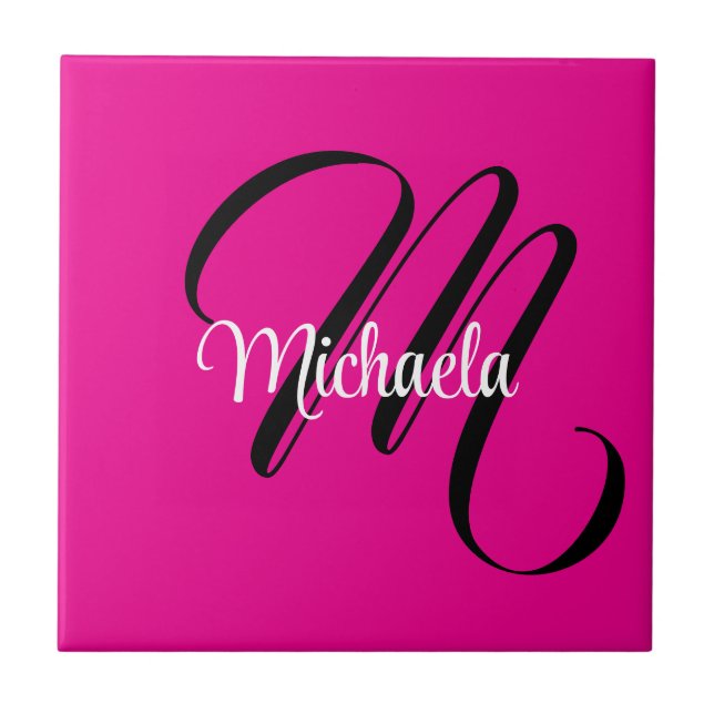 Minimalistic modern monogram initial name hot pink tile (Front)