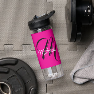 Minimalistic modern monogram initial name hot pink water bottle