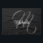 Minimalistic modern monogram initial name kitchen towel<br><div class="desc">Minimalistic modern monogram initial name black white. Personalizable custom name with a cursive initial behind on a black colour.</div>