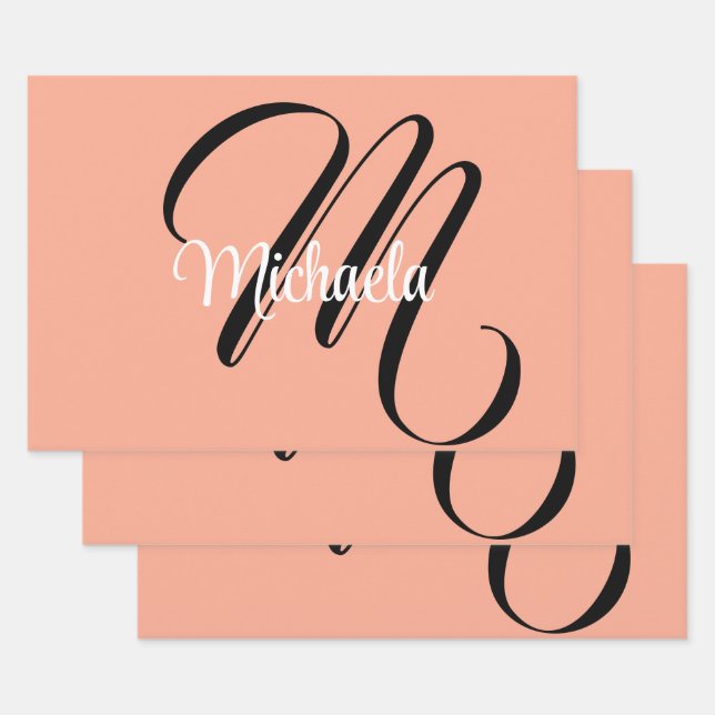 Minimalistic modern monogram initial name peach wrapping paper sheet (Set)