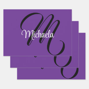 Minimalistic modern monogram initial name purple wrapping paper sheet
