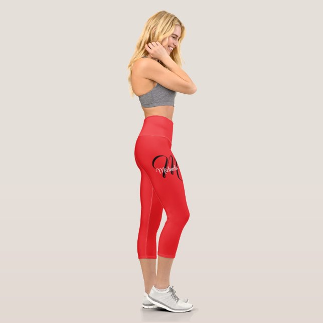 Minimalistic modern monogram initial name red capri leggings (Right)