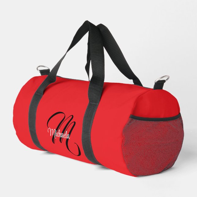 Minimalistic modern monogram initial name red duffle bag (Right Corner)