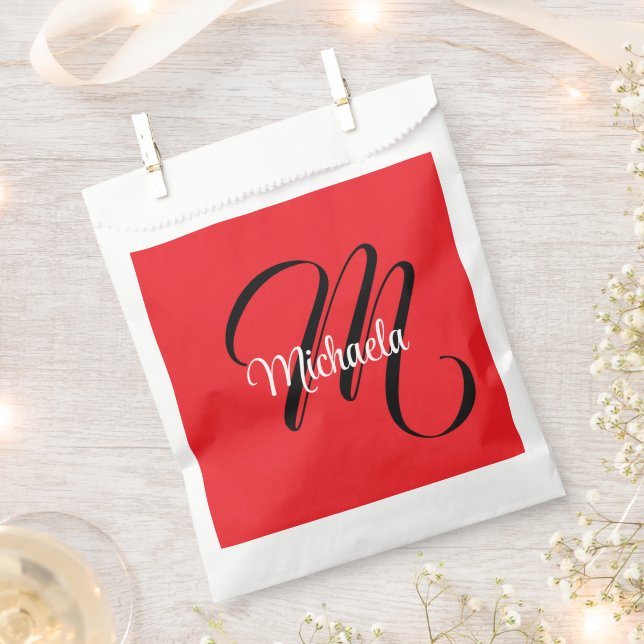Minimalistic modern monogram initial name red favour bag (Clipped)