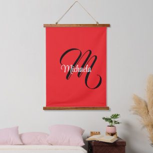 Minimalistic modern monogram initial name red hanging tapestry