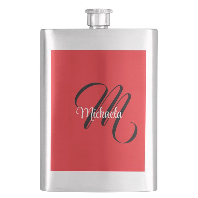 Minimalistic modern monogram initial name red hip flask (Front)