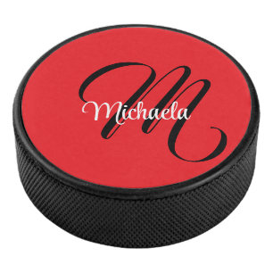 Minimalistic modern monogram initial name red hockey puck
